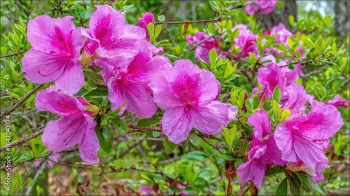 Vibrant magenta blossoms display delicate details amidst lush green foliage in a natural setting.