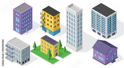 Building collection with various apartments and houses,