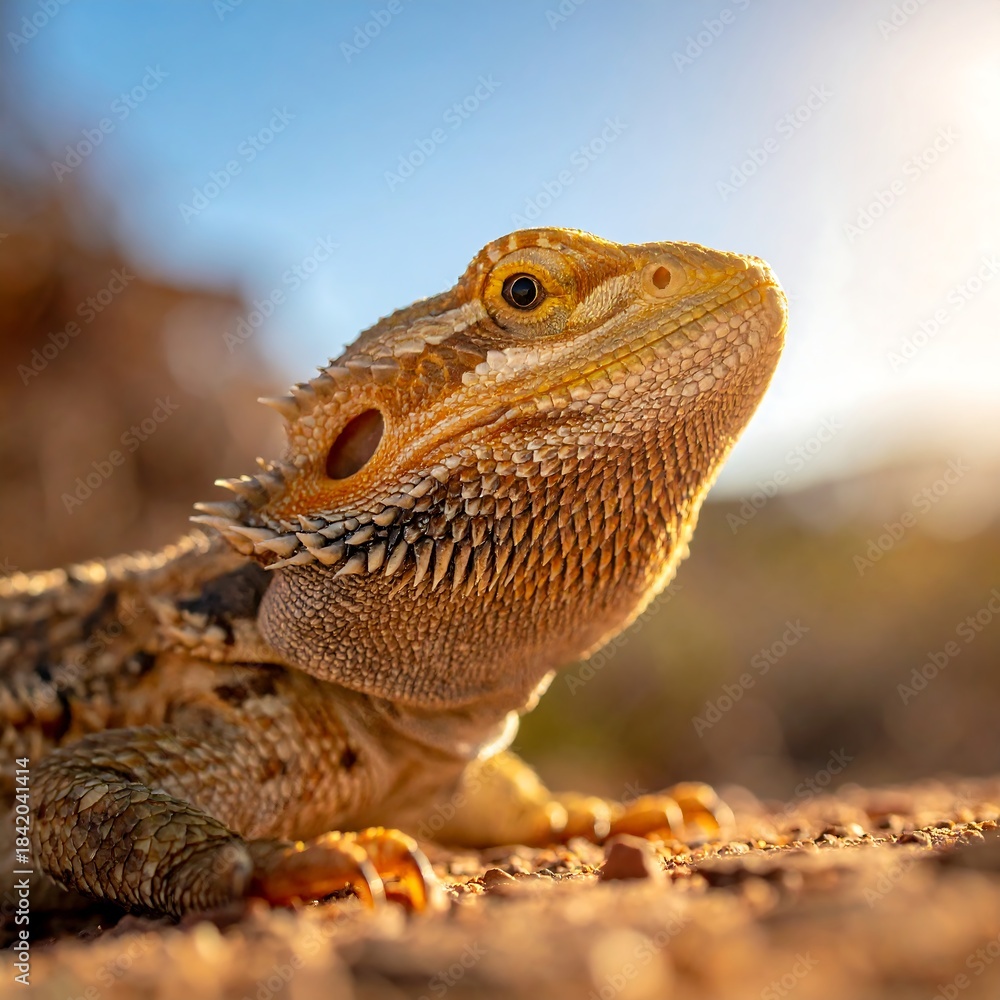 Obraz premium Close-up of a reptile basking in the warm sunlight, looking upward