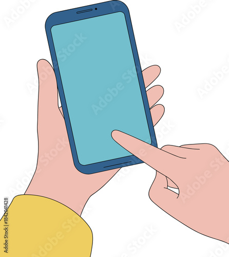 Hands holding smartphone and touching screen, flat vector illustration of mobile phone usage, touchscreen interaction concept