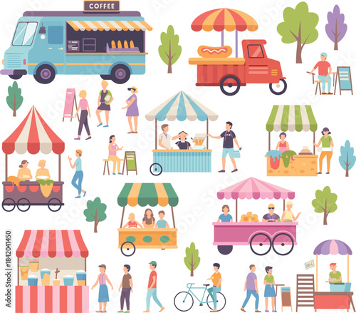 Street food market with food trucks and vendor stalls, flat vector illustration of outdoor fair, urban lifestyle scene