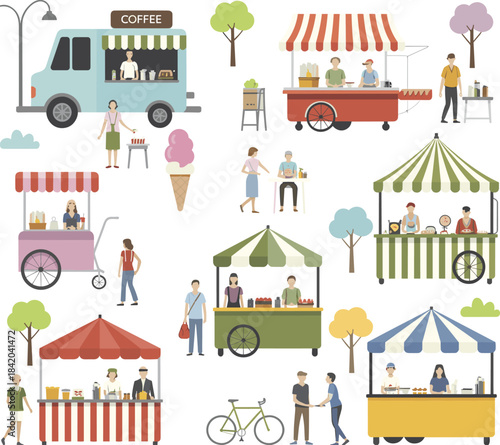 Street food market with food trucks and vendor stalls, flat vector illustration of outdoor fair, urban lifestyle scene