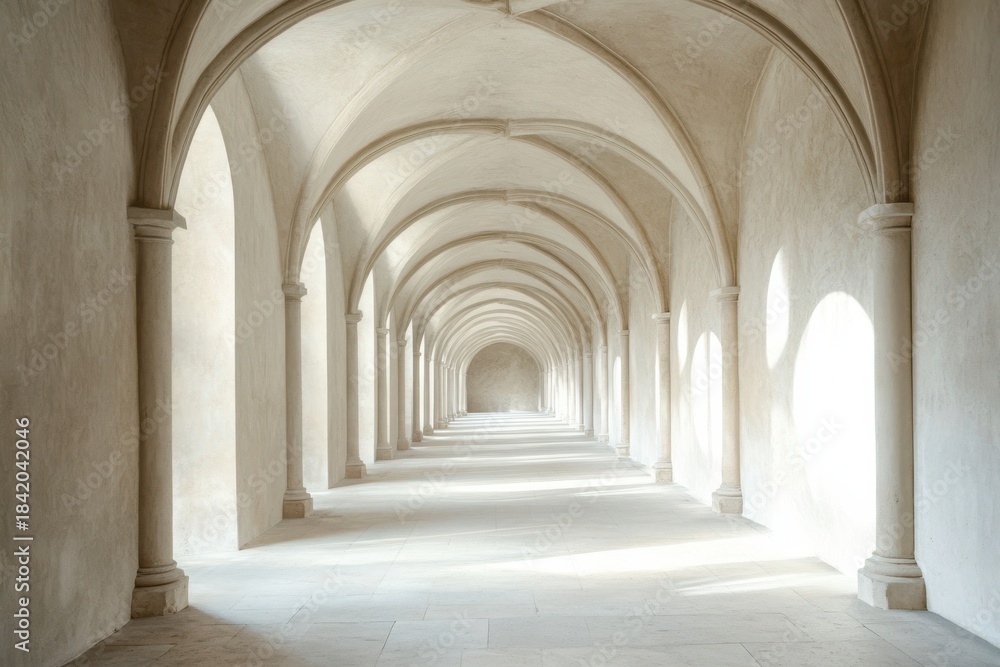 Fototapeta premium Cloistered Hallway with Elegant Arched Ceilings and Soft Natural Light