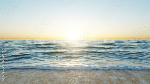 Fototapeta Naklejka Na Ścianę i Meble -  Soft shimmering ocean golden hour horizon with gentle waves and warm light