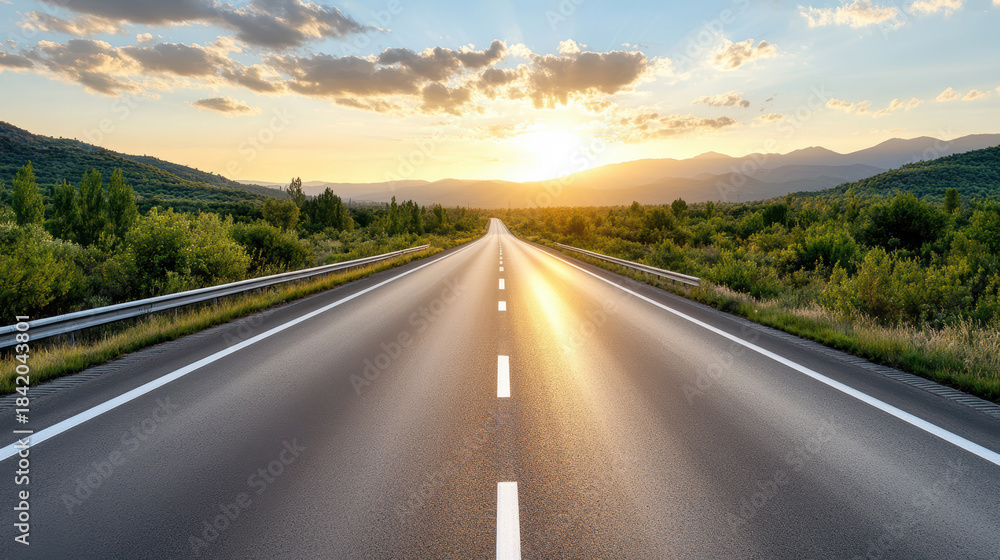Fototapeta premium Open highway at sunset with soft sun glow and distant hills