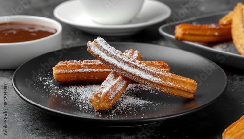 Golden, crispy churros dusted with powdered sugar, elegantly presented on a dark plate, accompanied by a rich chocolate dipping sauce, perfect for a delightful dessert or sweet snack