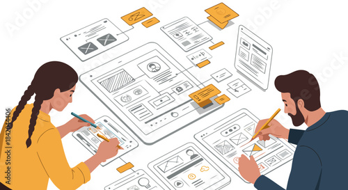 Diverse Designers Collaborating on Wireframe Layouts for User Interface