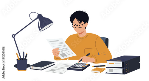 Person Reviewing Documents and Calculating Figures at a Desk with Office Supplies