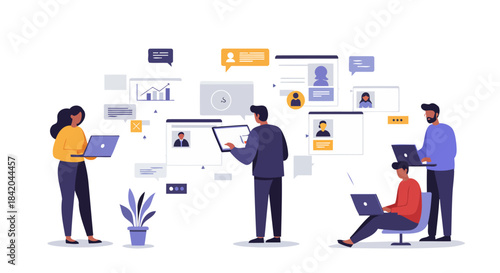 Diverse Professionals Collaborating with Digital Interfaces and Data