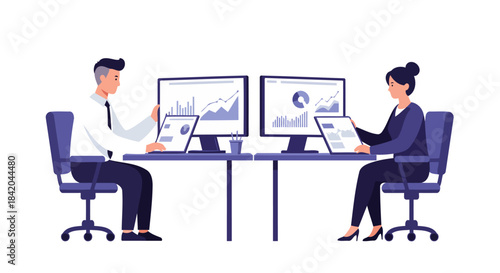 Business Professionals Analyzing Data on Computers in Modern Office