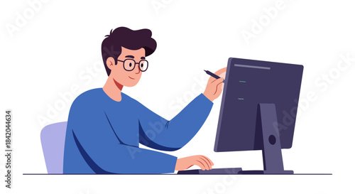 Young Man Working with Stylus on Computer in Flat Illustration Style