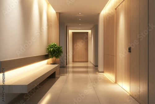 Modern Hallway with Soft Ambient Lighting and Wooden Accents Featuring Green Potted Plant