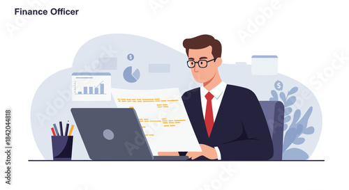 Finance Officer Reviewing Documents at Desk Illustration