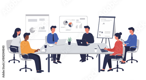 Diverse Business Team Collaborating at a Table with Laptops and Charts