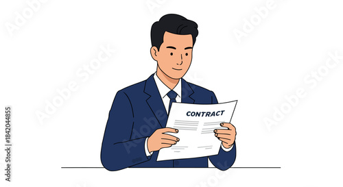 Professional Businessman Happily Reads Important Contract Document