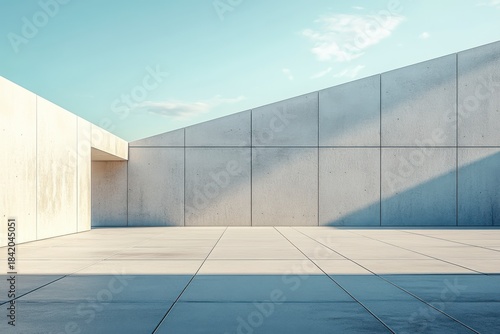 Modern Minimalist Concrete Architectural Space with Clear Blue Sky and Soft Natural Light