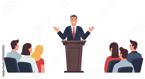 Confident Speaker Addressing Diverse Audience at a Podium