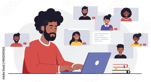 Man Engaging in Remote Online Meeting with Diverse Virtual Group