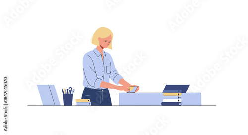 Blonde Woman Organizing Documents on a Grey Desk