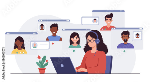 Woman on Laptop in Virtual Meeting with Diverse Colleagues