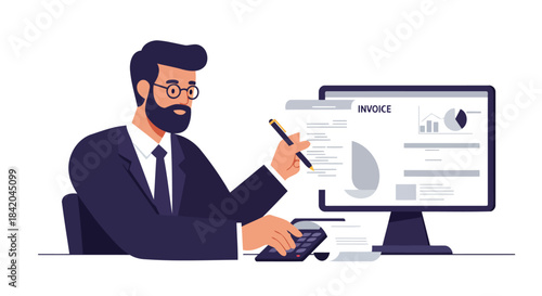 Businessman Working on Invoice and Financial Data on Computer