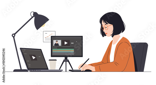 Woman Editing Video on Laptop and External Monitor Illustration