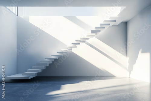 Modern Minimalist Interior with Floating Stairs and Natural Light Creating Dynamic Shadows