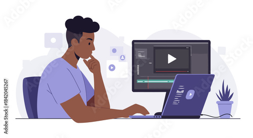 Young Man Editing Video Content on Laptop with Thoughtful Expression