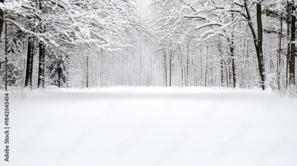 Fototapeta premium Snowy forest path with falling snow and tranquil atmosphere