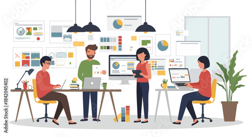 Business Team Collaborating and Analyzing Data in a Modern Office