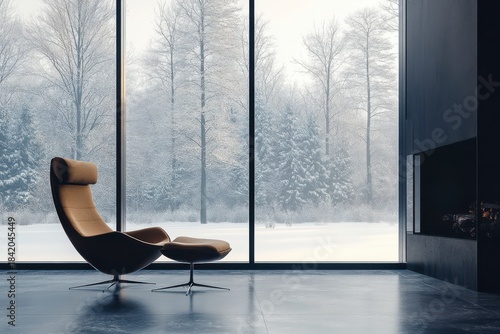 Modern Minimalist Living Room with Cozy Chair and Frosted Winter View through Large Windows