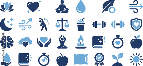 Wellness icons lotus meditation relaxation mindfulness heart love health wellness meditating yoga calm focus water droplet hydration purity wellness leaf nature eco health wind breeze air energy
