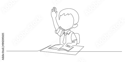 Continuous line drawing of a smart student raising a hand in a classroom, symbolizing confidence, curiosity, and active participation in learning. Single line illustration suitable for education.