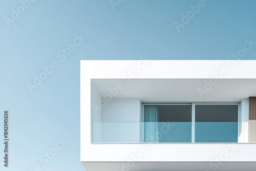 Modern Minimalist White Balcony with Glass Railing Against Clear Blue Sky