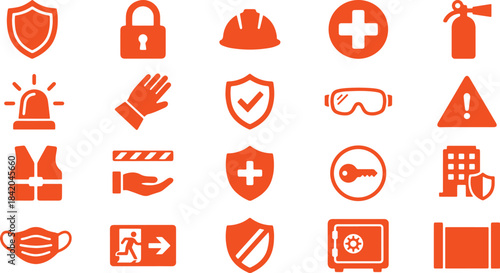 Safety icons vector set with shield protection padlock security hard hat helmet medical cross first aid fire extinguisher emergency siren alarm work glove safety checkmark goggles warning triangle 