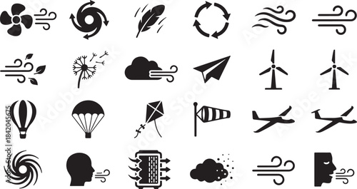 Wind vector icon set with fan hurricane feather circular arrow and wind waves blowing leaves dandelion cloud paper airplane windmill hot air balloon parachute kite windsock airplanes heater stormy 