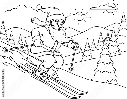 Santa Claus Skiing Down a Snowy Mountain – Winter Holiday Illustration with Santa on Skis in Forest Landscape, Fun Christmas Coloring Page