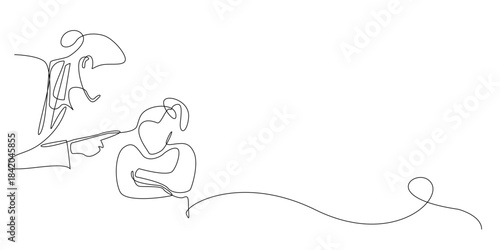Continuous line drawing of a mother speaking firmly to her young son showing care guidance and discipline. Single line suitable for parenting communication family support and life lessons.