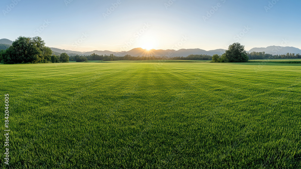 Fototapeta premium Sunrise field green grass horizon rural landscape calm atmosphere