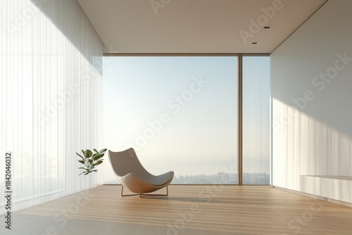 Spacious Modern Interior with Floor to Ceiling Windows and Minimalist Furniture