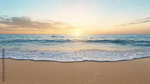 Fototapeta Naklejka Na Ścianę i Meble -  Gentle ocean sunset beach sea horizon sunrise wave sand tranquil coastal water sky