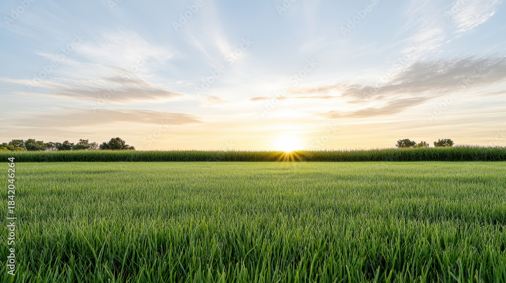 Fototapeta premium Green field sunrise with soft sky and warm light