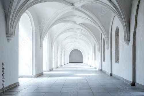 Spacious White Arched Corridor with Soft Natural Light and Elegant Architectural Details