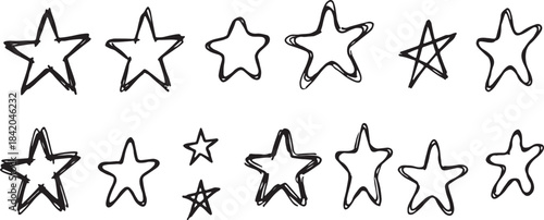 Star icons vector hand drawn five point stars sketch style black line doodle set