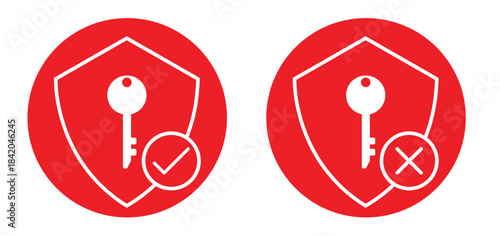 Flat red security icons with shield key checkmark and shield key cross symbol showing secure and insecure security icons