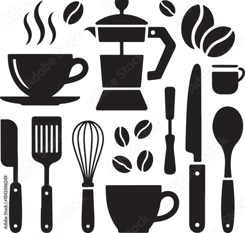 Kitchen utensils set with hot coffee cup icons and silhouette beverage symbols