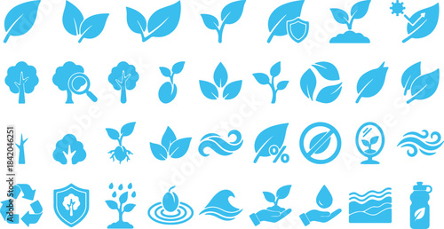 Eco icons vector set with tree leaf, Environmental icons, Green ecology icons, plant water recycle protection nature symbols