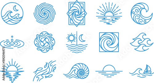 Water icon vector set with wave sun moon spiral ripple boat shell line art symbols