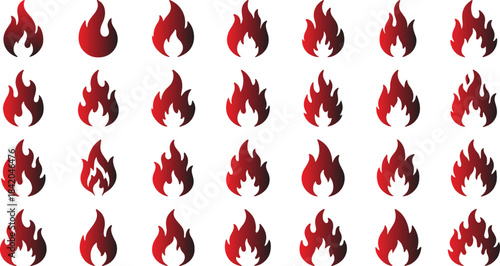Fire flame vector icon set showing different burning flame shapes in red color grid design