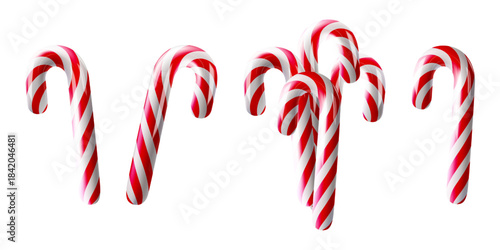 3D candy cane emoji, fruit stick ornament. Red pattern curved shape xmas lollipop. Render on white bg, dessert toy element. Twisted ribbon realistic isolated, new year holiday vector. Shiny sweet food
